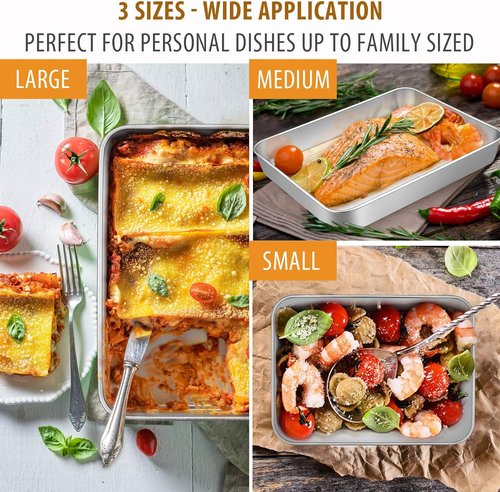 E-far Stainless Steel Baking Pans Set - 3 Rectangular Bakeware (12.5/10.5/9.4 Inch) | Non-Toxic & Dishwasher Safe