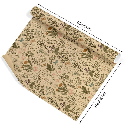 JarThenaAMCS Vintage Wildflower Kraft Wrapping Paper -Mini Roll- 17In x 32.8Ft Green Brown Floral Gift Wrap Paper Craft Paper for Spring Birthday Wedding Bridal Baby Shower Party Packing Supplies