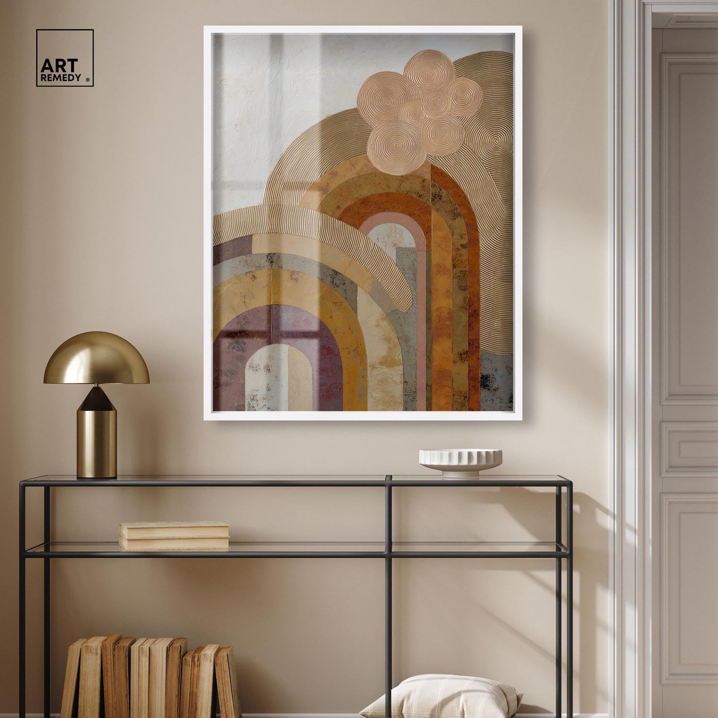 Scalloped Sun I Shadowbox Print Boho Gold Wall Decor by Art Remedy, White Frame, 30 x 36