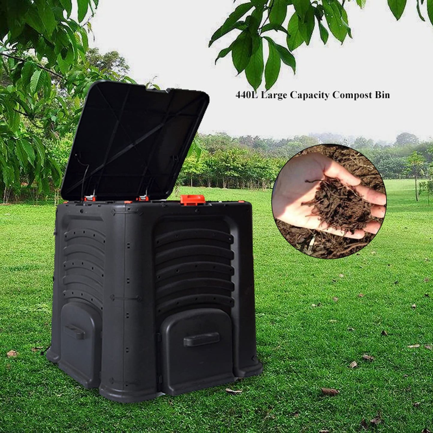 Kitchen Compost Bin, Compost Bin, 105 Gallon (400 L) Large Outdoor Composting Box with Top Flip Lid and 4 Bottom Exit Door, BPA Free Material, Grass Food Trash Can Composter Barrel for Garden Yard, Ea