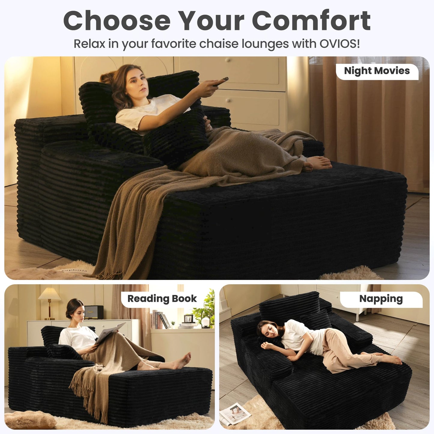 ovios 67'' Chaise Lounge Chair Indoor, Oversized Upholstered Boneless Sofa Bed, Deep Seat Sleeper Couch, Plush Cloud Sofas Couches for Living Room, No Assembly Required (Faux Fur, Black)