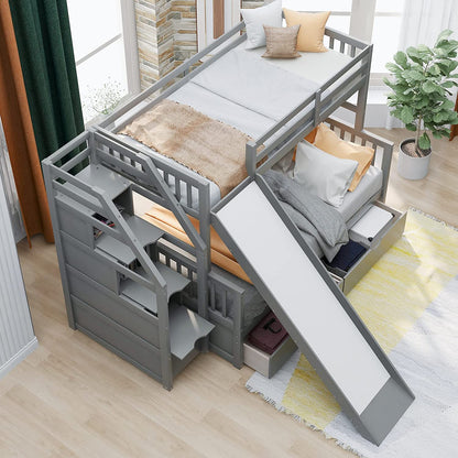 DNYN Full Size Loft Bed with Desk & Shelves & Ladder for Kids/Adults,Solid Wood Bedframe,High Loftbed with Safety Guardrails,Space Saving Design & No Box Spring Needed,79.3"×58.5"×65.4", Gray