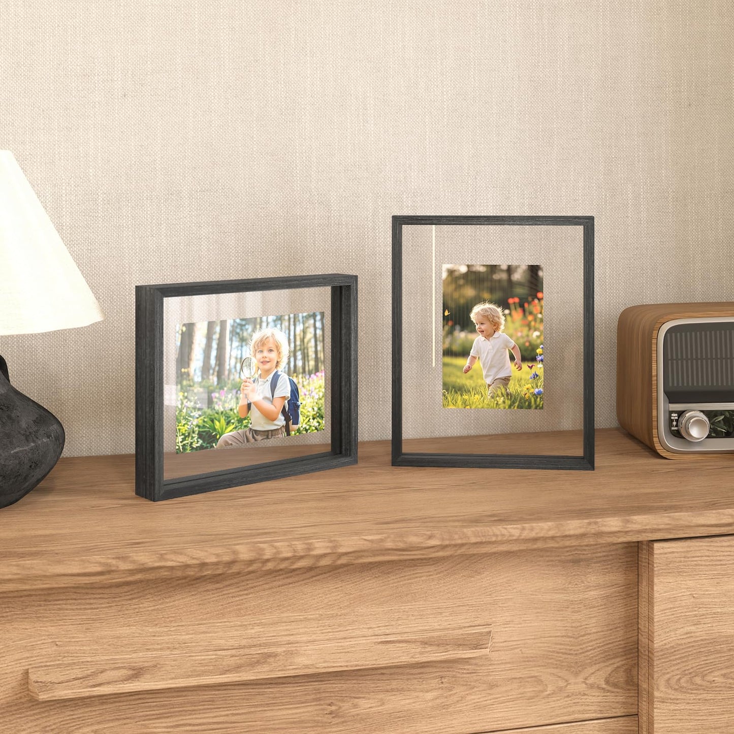 Egofine 8x10 Floating Frames Set of 2, Double Plexiglass Picture Frame, Made of Solid Wood Display Any Size Photo up to 8x10, Wall Mount or Tabletop Standing, Faded Black