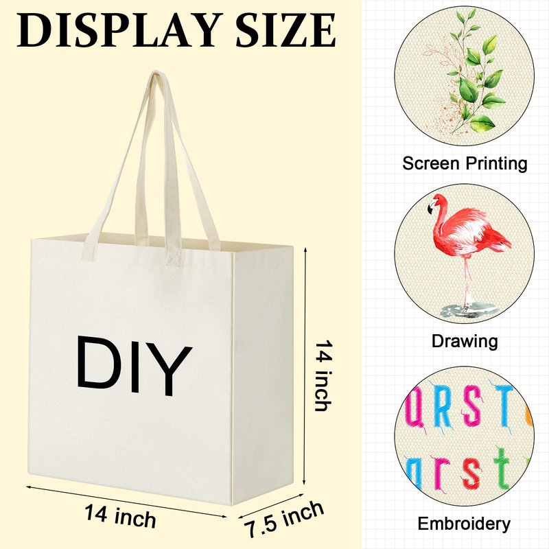 Reginary 12 Pack Canvas Grocery Bag Large Blank Shopping Tote Bags Reusable Pouches Bulk with Handle, 14 x 14 x 7.9'' (White)