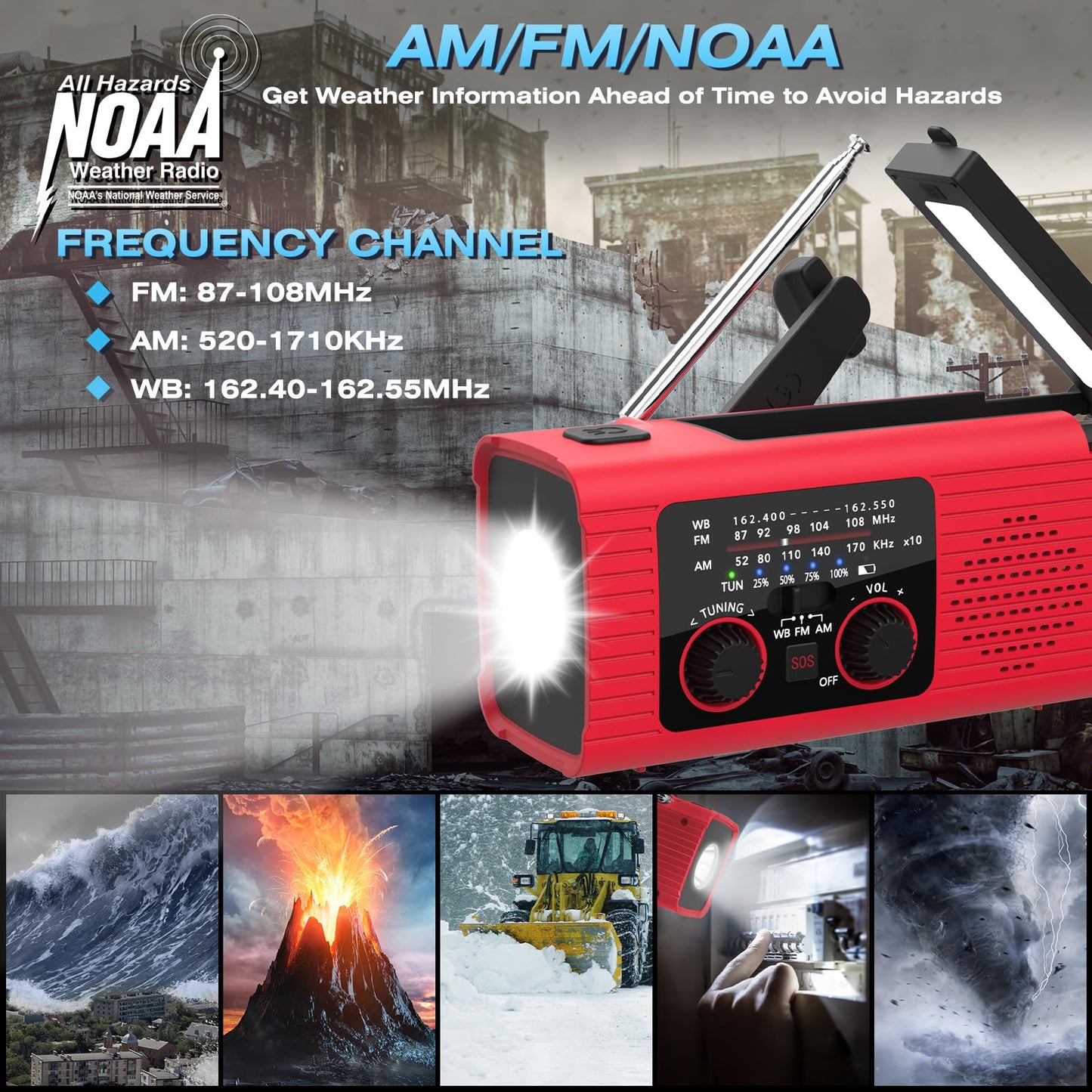 NITIGO Emergency Weather Radio, 4000mAh NOAA Weather Alert Radio Solar Charging, Hand Crank & USB Charged, AM/FM with LED Flashlight, Reading Lamp, SOS Alarm, Headphone Jack for Outdoor Indoor
