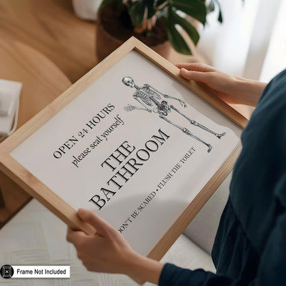 Poster Master The Bathroom Sign Poster - Don't Be Scared Print - Skeleton Art - Halloween Art - Trendy Wall Art - Funny Gothic Bathroom Decorations - Humorous Restroom Decor - 8x10 UNFRAMED Wall Art