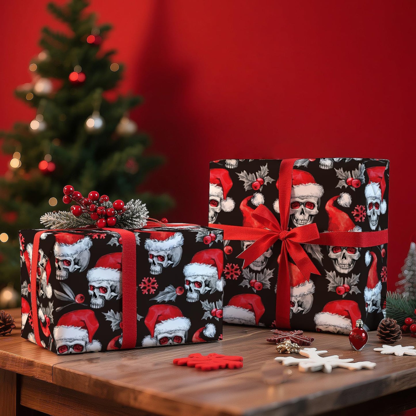 WRAPAHOLIC Skull Christmas Wrapping Paper - Mini Roll - 17 Inch x 16.5 Feet - Holly and Santa Hat Skull Wrapping Paper for Christmas, Halloween, Holiday, Party Celebration