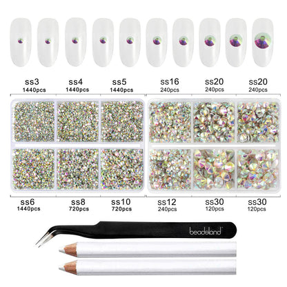 Beadsland 8300PCS Flatback Rhinestones, AB Crystal Rhinestone Round Crystal Rhinestones for Crafts, Mixed 10 Sizes with Wax Pencil and Tweezer Kit, SS3-SS30, Crystal AB
