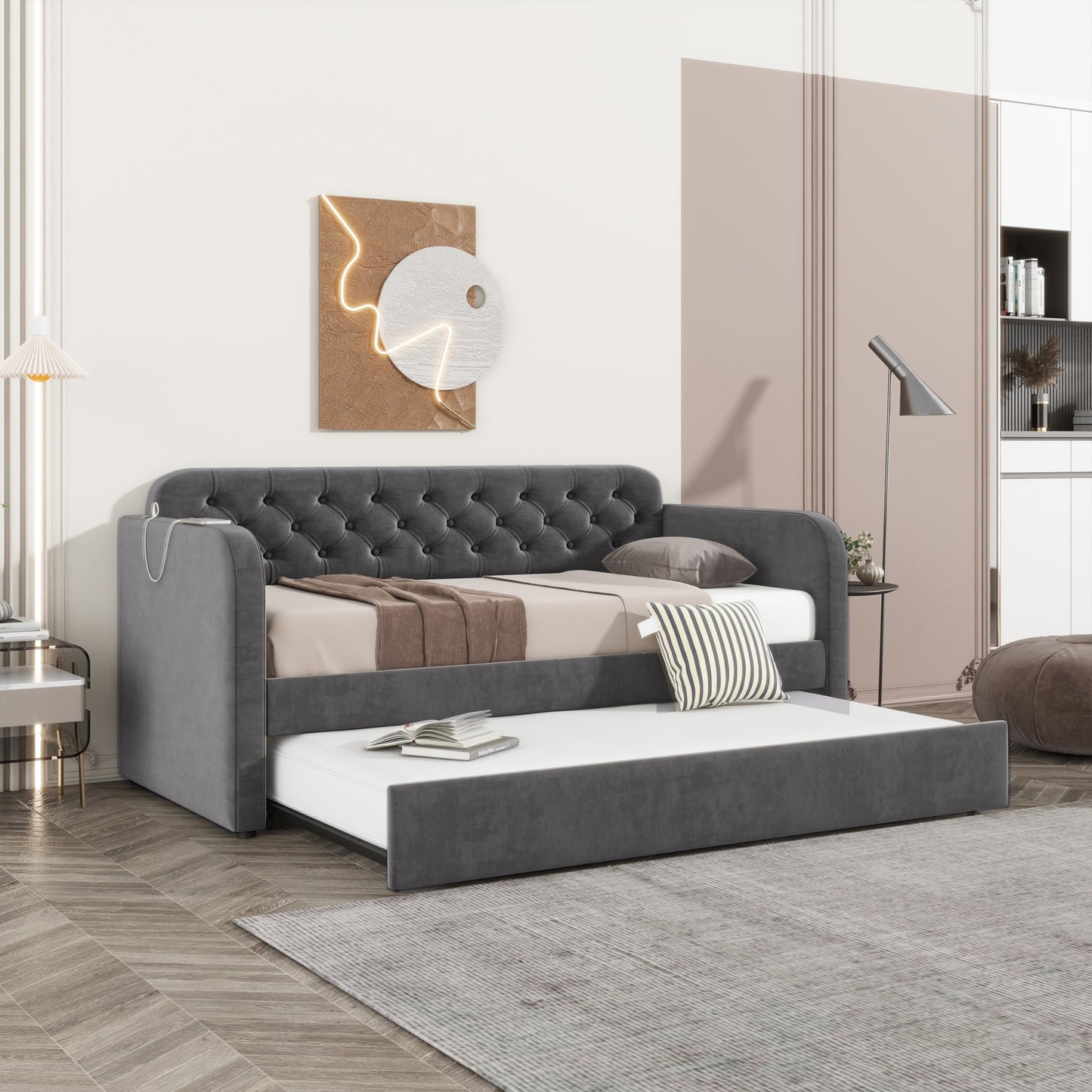 Ball & Cast Twin Size Daybed W/Trundle,Velvet Day Bed with Pop Up Trundle Bed W/USB Charging Ports,Upholstered Sofa Bed W/Back,No Box Spring Needed,for Bedroom,Guest Room,Dark Gray