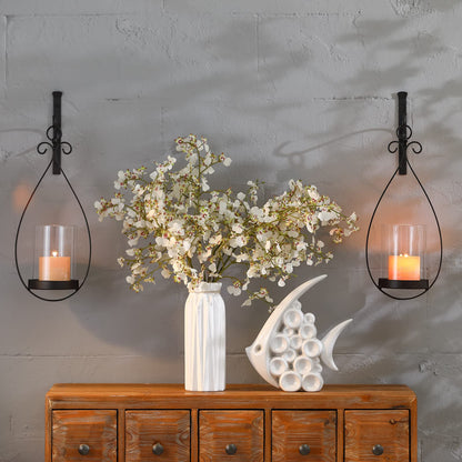 Wisiron Hanging Water Drop-Shaped Wall Sconce Wall Mounted Hurricane Candle Holder Glass & Metal Farmhouse Handcrafted Wall Art Decorations, Black Set of 2 HT21-0204B2