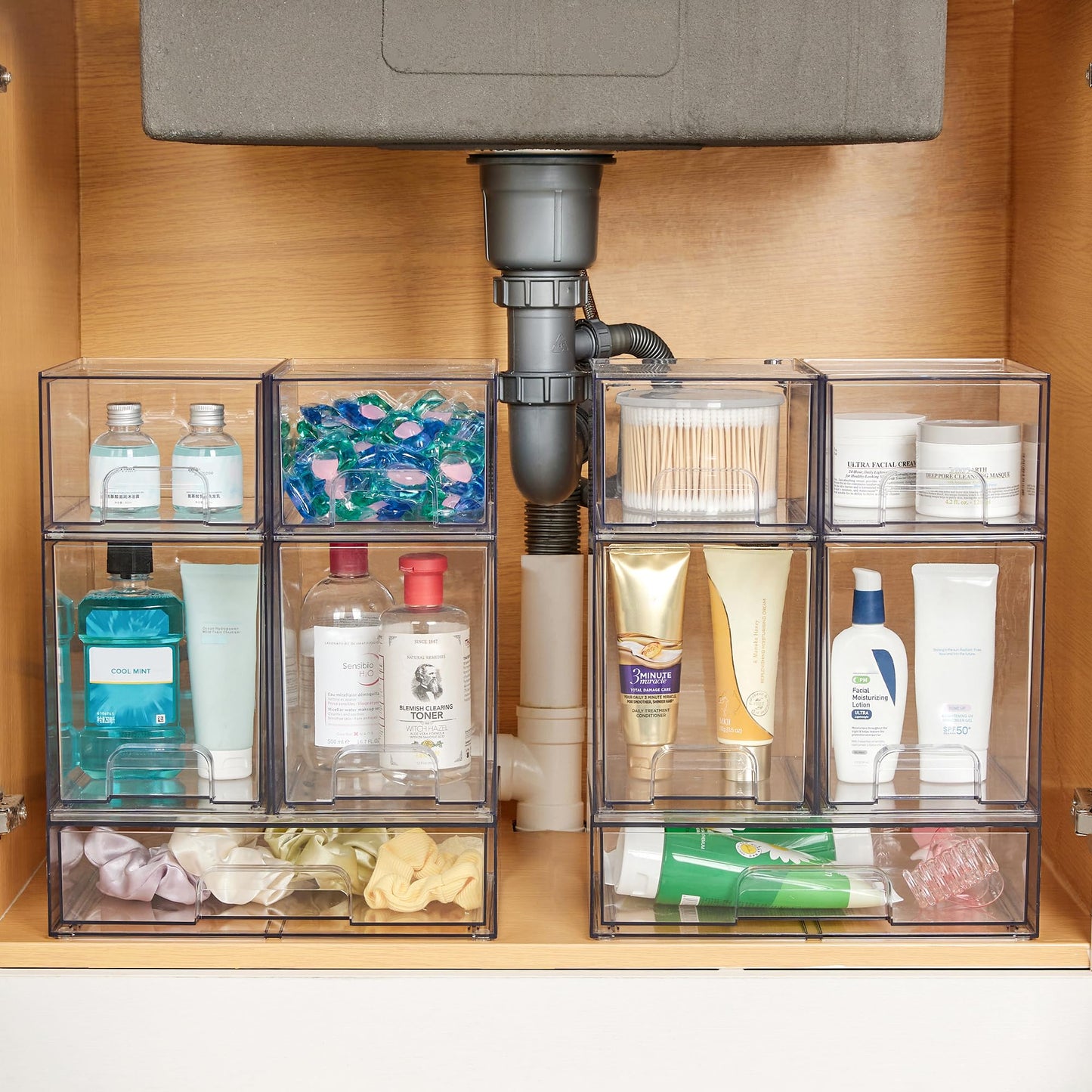 Vtopmart 7.6" H Clear Stackable Storage Drawers, 4 Pack Plastic Organizers Bins for Skincare, Cosmetics,Beauty Supplies,Ideal for Vanity, Bathroom,Kitchen Countertop,Cabinet Organization