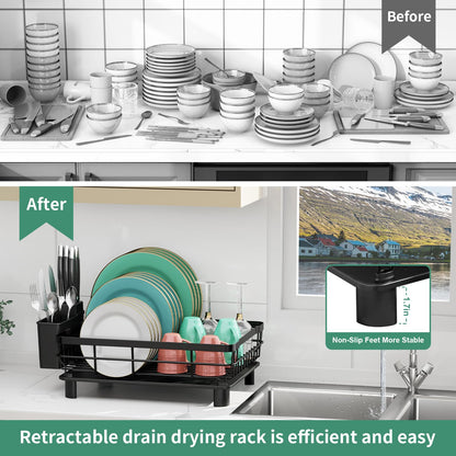 MOUKABAL Dish Drying Rack, Dish Rack, Stainless Steel Dish Racks for Kitchen Counter, Dish Drainer with Removable Utensil Holder, Drainboard (Black,13''W x 17''L)