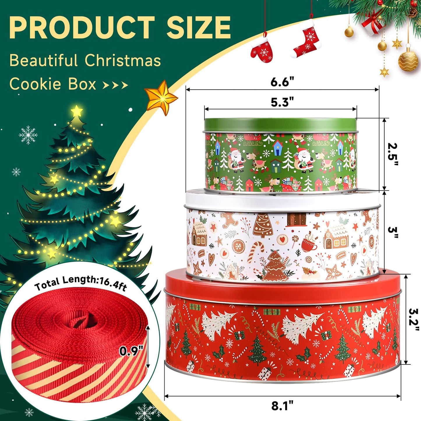 Olgaa Christmas Cookie Tins with Lids Set of 3 Gingerbread Man Cookie Storage Containers Airtight Round Jars for Gift Giving Holiday Treats Baking Cake Container