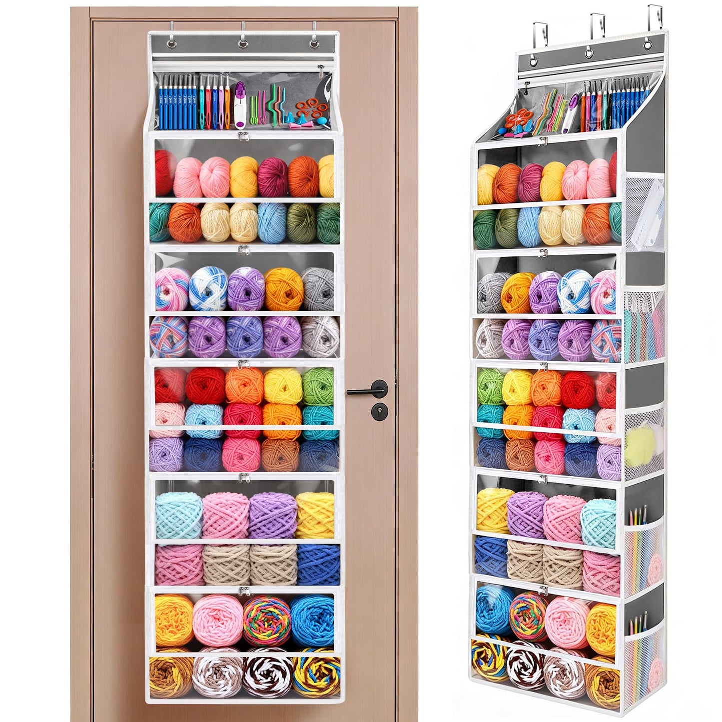 Hanging Yarn Storage Organizer with 5 Zipper Closure Compartments, Large Capacity Knitting Organizer Storage, Over the Door Hanging Knitting Yarn Holder for Crochet, Knitting Needles, Clear Grey