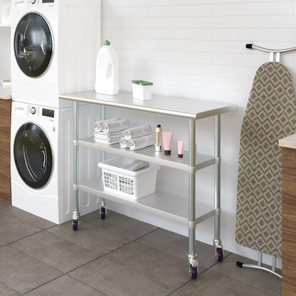 AmGood Stainless Steel Work Table with 2 Shelves and Casters | Metal Utility Table On Wheels (Stainless Steel Work Table with 2 Shelves + Casters, 48" Long x 18" Deep)