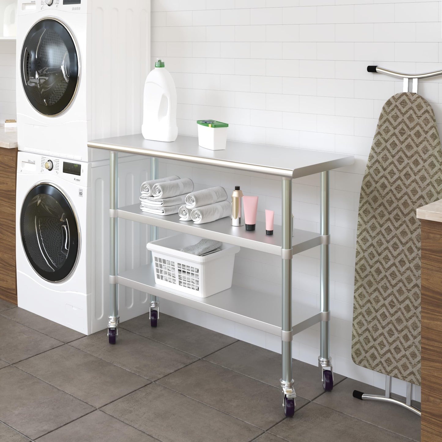 AmGood Stainless Steel Work Table with 2 Shelves with Casters | Metal Utility Table | Commercial & Residential NSF Utility Table (Stainless Steel Table with 2 Shelves, 48'' Long x 18'' Deep)