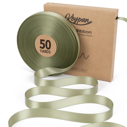 Keypan Sage Green Satin Ribbon 5/8 Inch x 50 Yards Double-Faced Ribbons for Gift Wrapping Crafts Flower Bouquet Hair Wedding Paper Bows Invitations