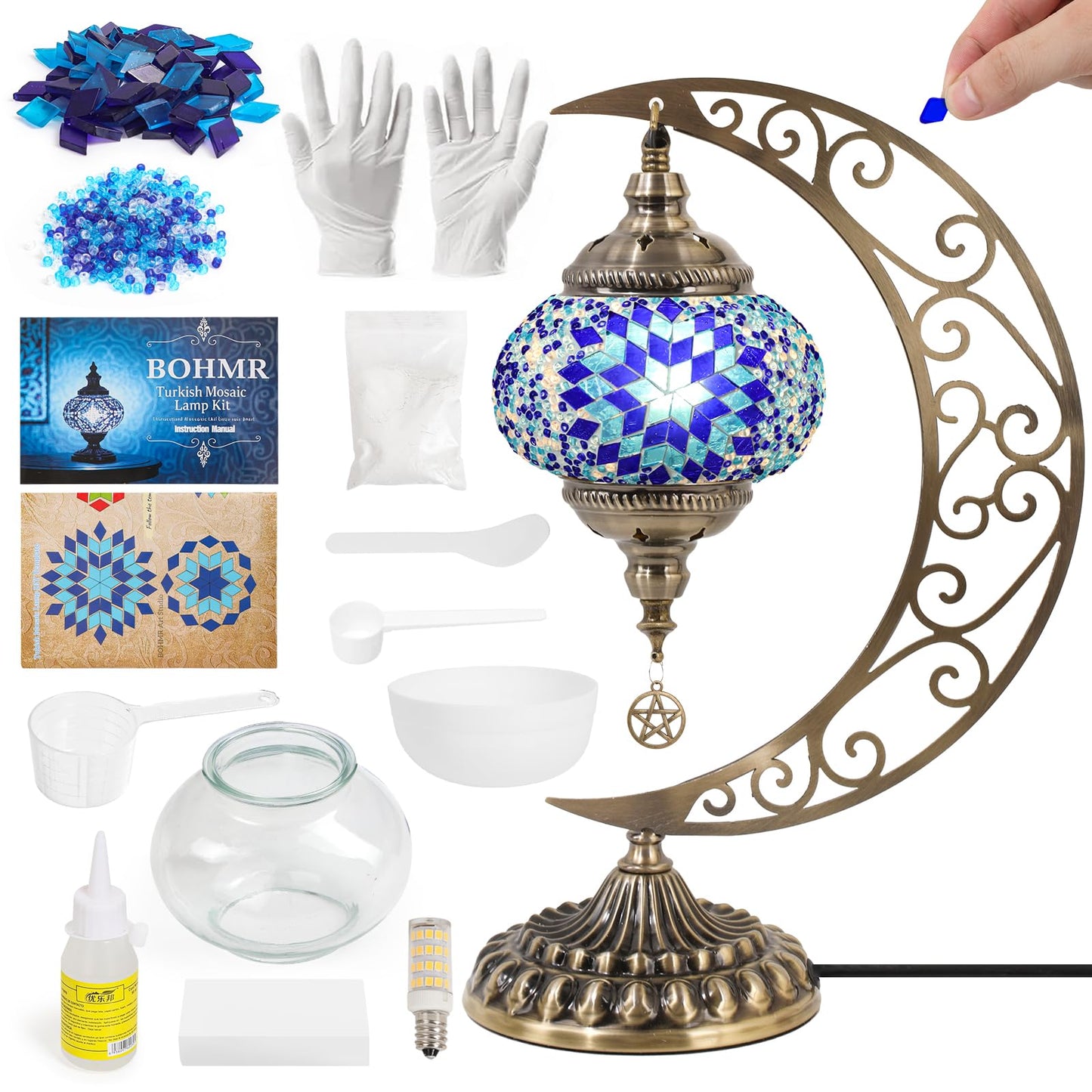 BOHMR DIY Turkish Mosaic Lamp Kit, Moon Stained Glass Lamp Making Kit- Easy,Fun,No Experience Needed, Mosaic Art & Craft Project Kits for Adults & Teens, Make Your Own Table Lamp,Christmas Gift,Blue