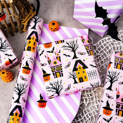 MAYPLUSS Halloween Wrapping Paper Roll, Vintage Haunted Mansion Wrapping Paper, Pink Haunted House, Pumpkin & Bat Design Halloween Day Gift Wrap for October,Holiday,Christmas Nightmare (17In X 33Ft)