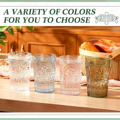 Acellegic Plastic Vintage Drinking Glasses - 16 oz Stemless Ribbed Highball Glasses Bulk Embossed Reusable Cups for Water Beer Cocktails Juice Wedding Bridal Shower Birthday Event Party(Clear,24 Pcs)