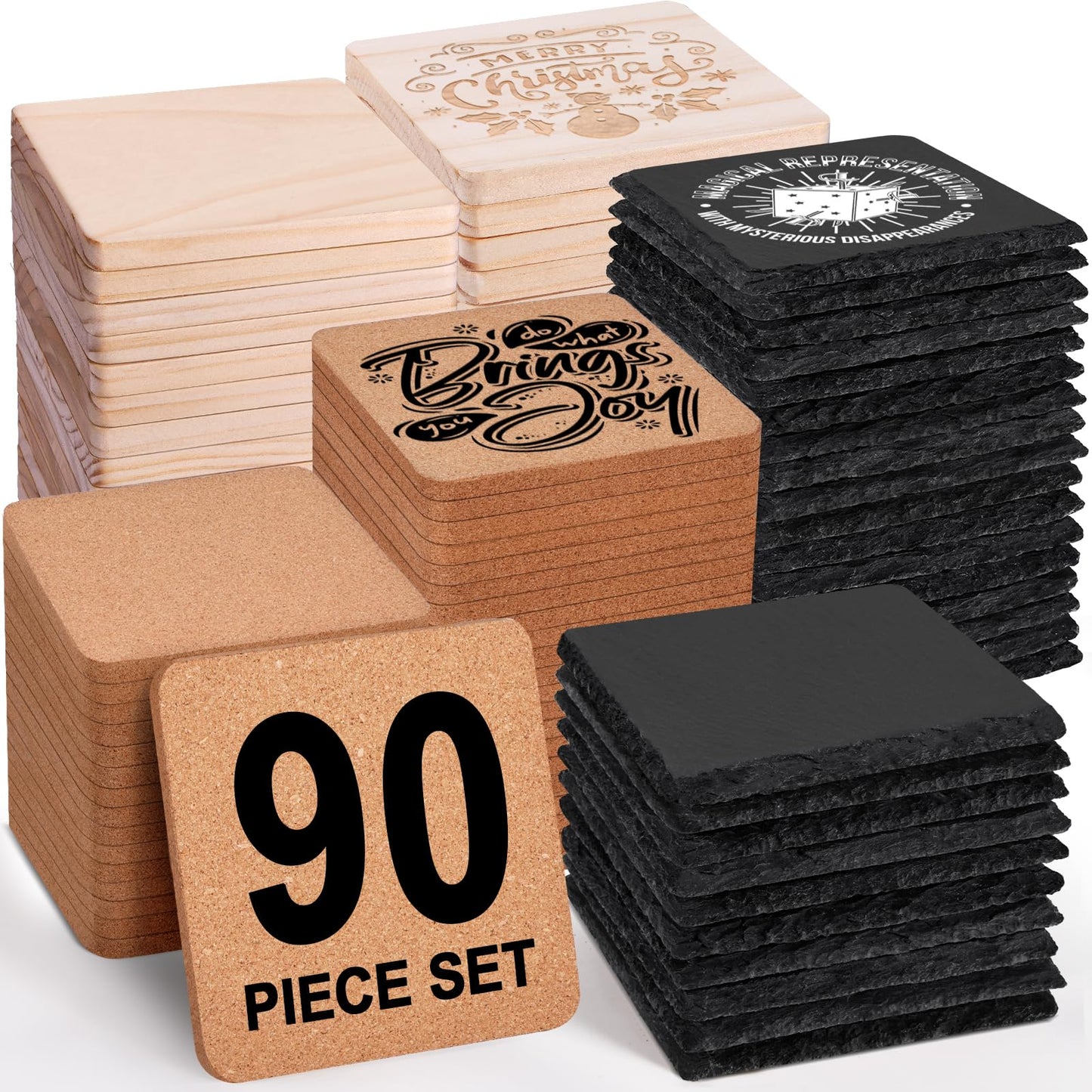 90 PCS Coaster Bulk for Laser Engraving, MAPRIAL 4 Inch 30 PCS Blank Black Slate Stone, 30P Cork Coasters, 30 PCS Wood, Engravable Materials for Engraver, Mom Gifts, Painting, Crafts, Square