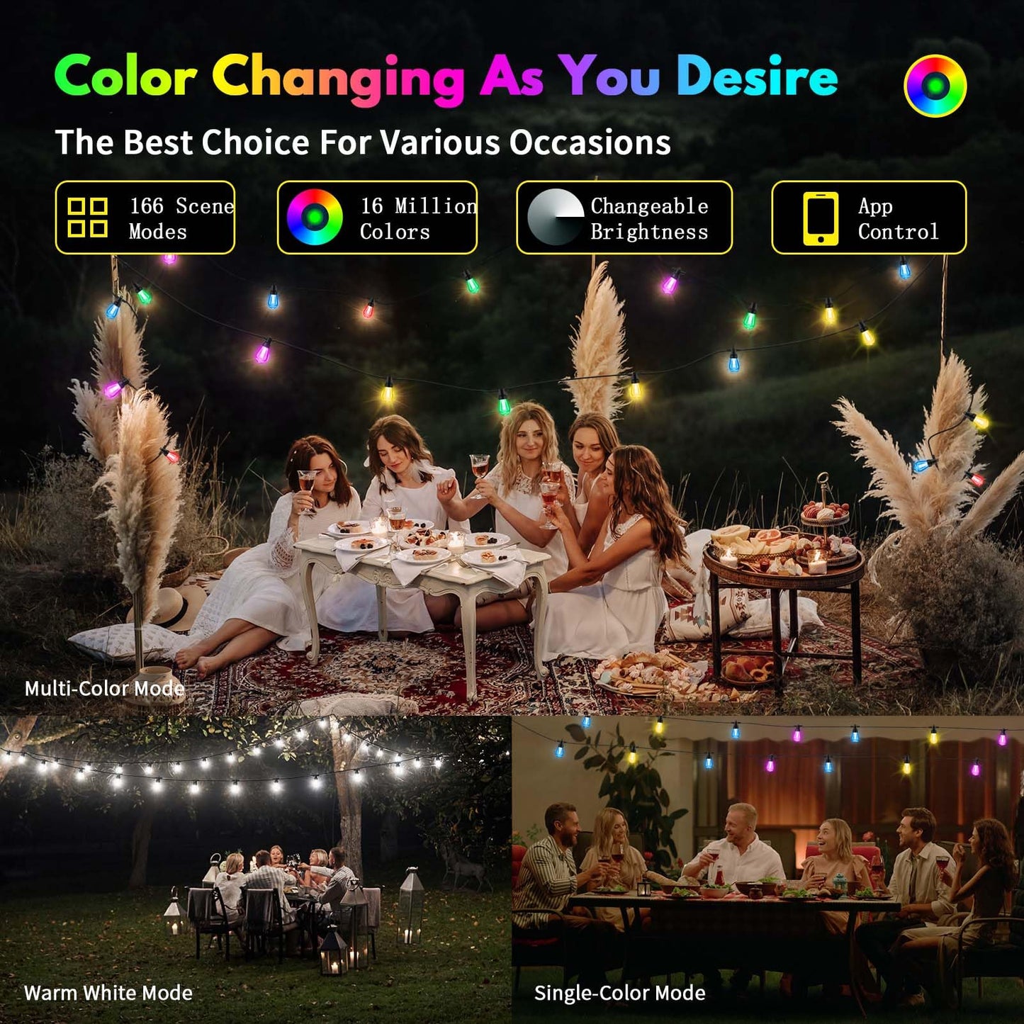 YAIYAN 50ft Outdoor String Lights Color Changing - Dimmable RGBW Smart Patio Lights with 20 Bulbs, Waterproof Shatterproof, Music Mode, Connectable, Remote & App Control for Halloween, Christmas