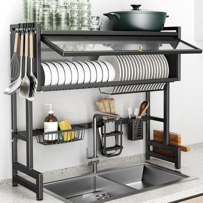 Over The Sink Dish Drainer Drying Rack 3 Tiers with Cover, Keep Kitchen Sink Shlef Organized Space-Saving Dish Drying Rack, Large Stainless Steel Sink Dish Rack for Dishes, Bowls, Cutlery (37.4"w)