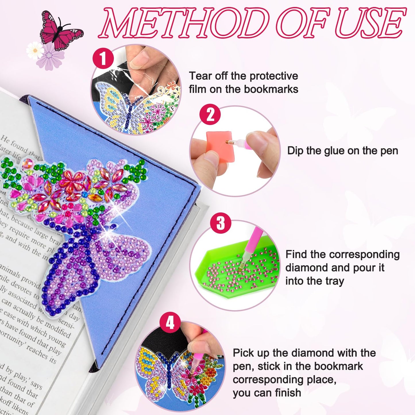WIVICO 8 pcs Diamond Painting Bookmarks, DIY Diamond Art Kits for Adults, Book Corner - Protecting Bookmark Craft Supplies Kits for Book Lovers (Butterfly)
