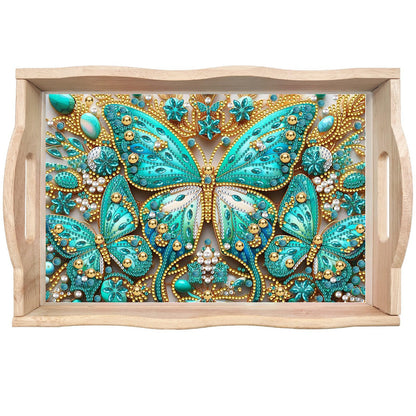 ARTopet DIY Diamond Art Painting Creative Design Handmade Wooden Serving Tray Dinner Plate Partial Diamond Art Breakfast Tray for Coffee Living Room Home Organizer - Green Butterfly