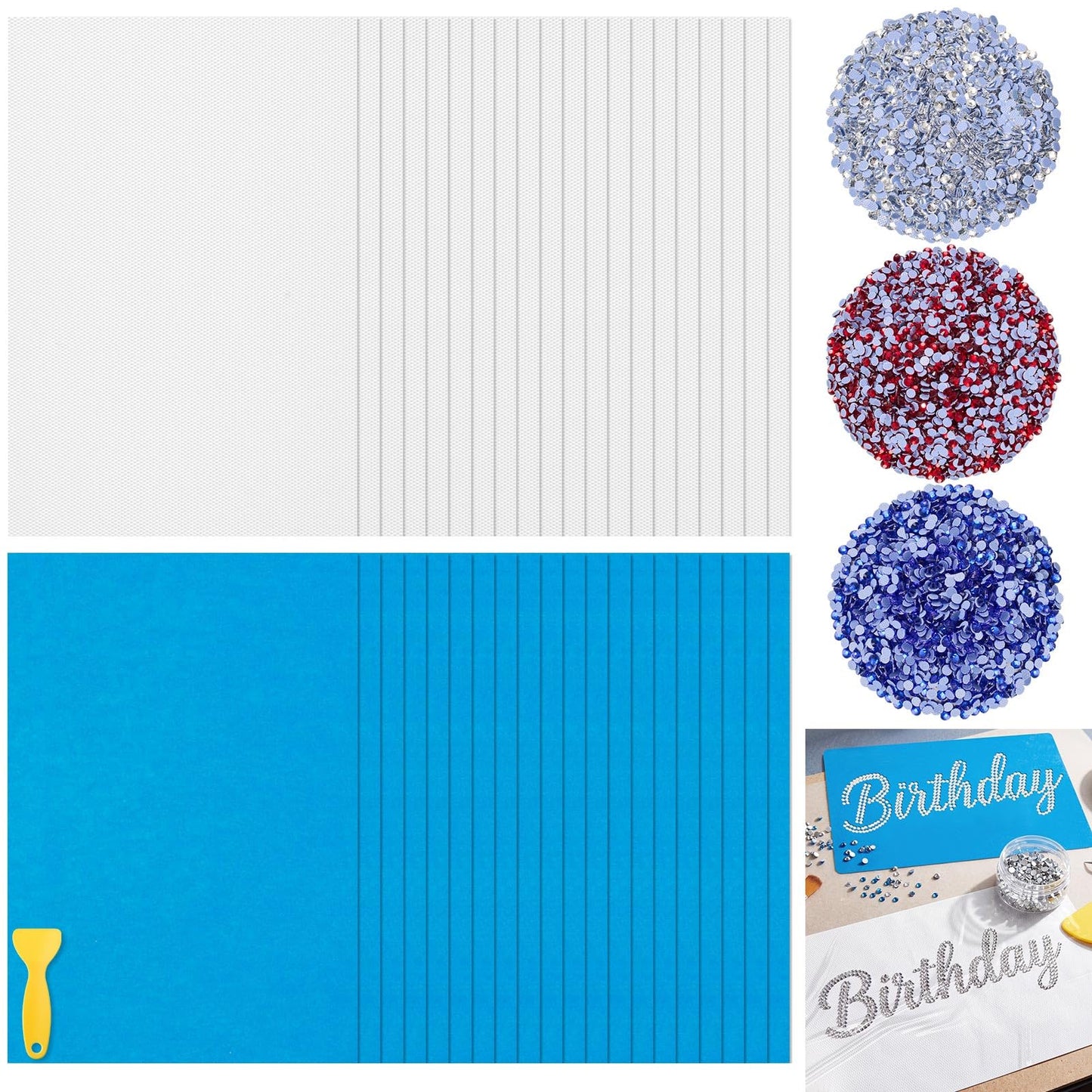 Sureio 20 Sets 12×8 Inches Rhinestone Template Kit with 20pcs Self-Adhesive Flock 20pcs Heat Transfer Tape, Squeegee Tool and Gems, for DIY Rhinestones Vinyl Cutting Machine Craft Gift