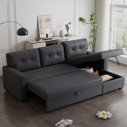 KTATK L-Shape 82" Linen Upholstered Pull Out Sectional Sofa with Storage Chaise,Can be Converted into a Twin Size Sleeper Bed W/Removable Back Cushions,for Living Room,Apartment,Office,Dark Gray
