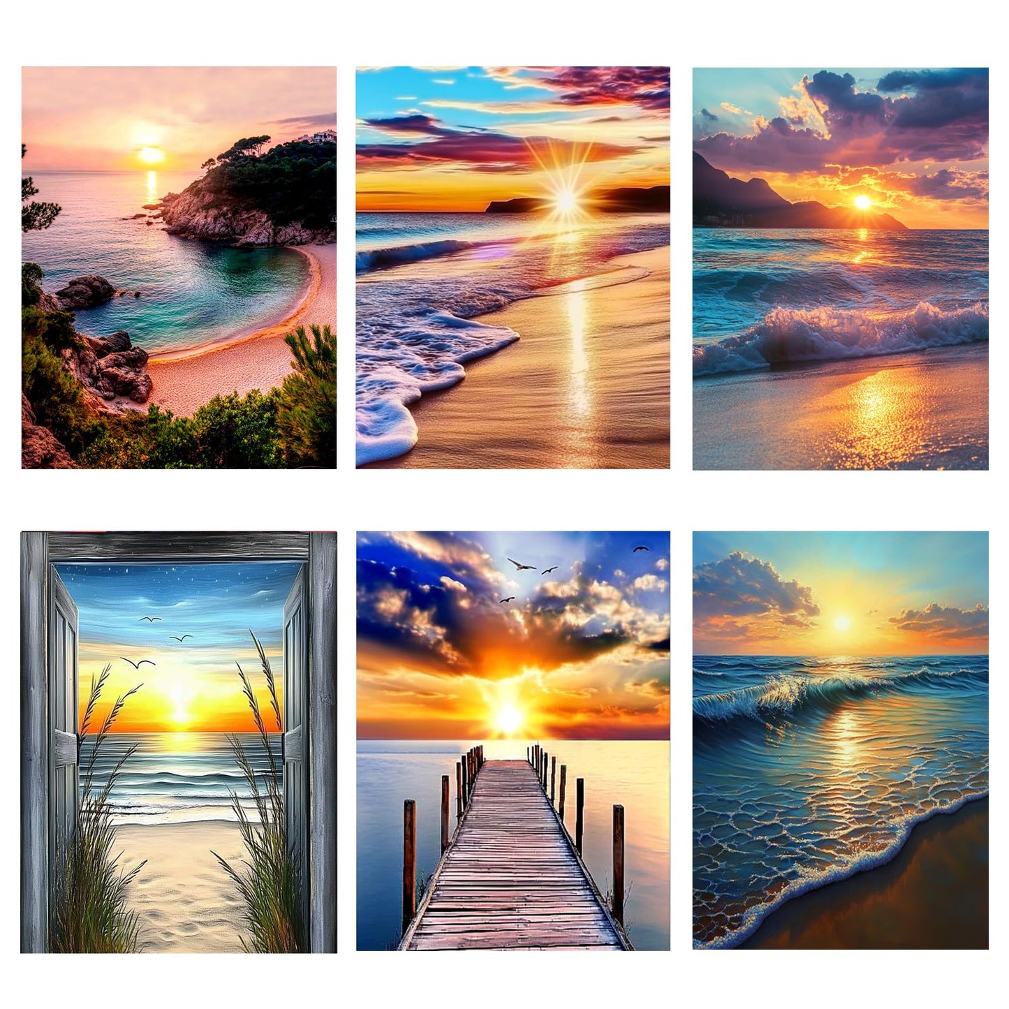 6 Pack Diamond Painting Kits for Adults Beginner, 5D Beach Diamond Art Sets, DIY Full Round Drill Sunrise Paint with Diamonds Gem Art Multi-pack , Easy Adults Dot Gem Art for Wall Decor 12 x 16 Inch