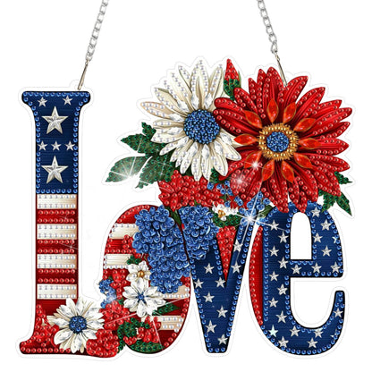 DOMROM 4th of July Love Diamond Art Hanging Kits, American Flag Floral Letter Diamond Painting, Special Shaped Gem Art Suncatchers Ornament, Independence Day Love Decor for Home Window Wall