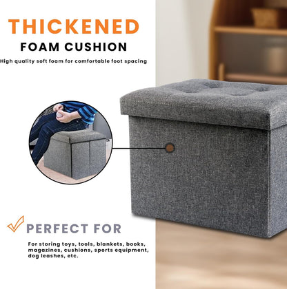 NIENIE 15.7"X11.8"X11.8", Linen Folding Storage Ottoman Coffee Table Small Foot Stool for Living Room, Bedroom, Grey