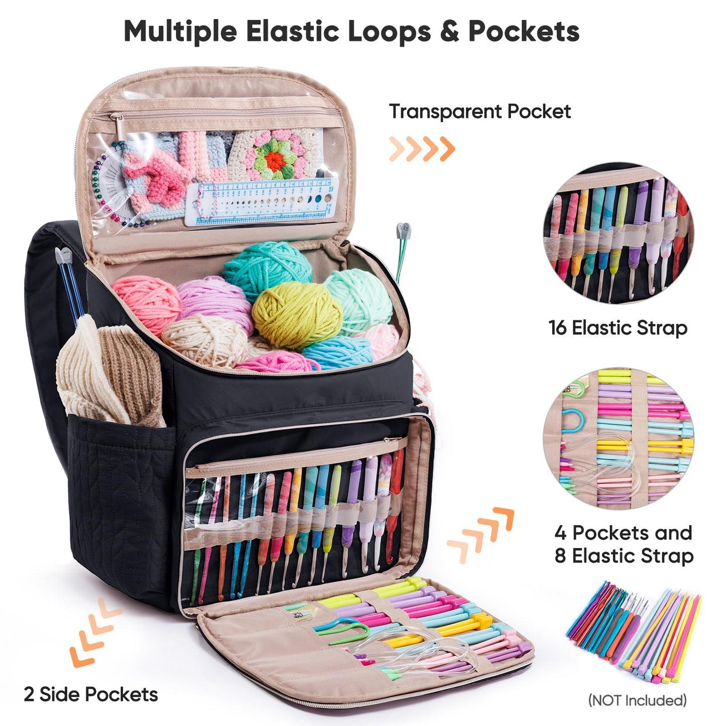 MYBAGZING Knitting Bag Backpack, Large Crochet Backpack - Crochet Bag Organizer, Yarn Storage Organizer - Yarn Holder with 10 Pockets for Crochet Accessories, Knitting & Crochet Supplies, Crochet Gift