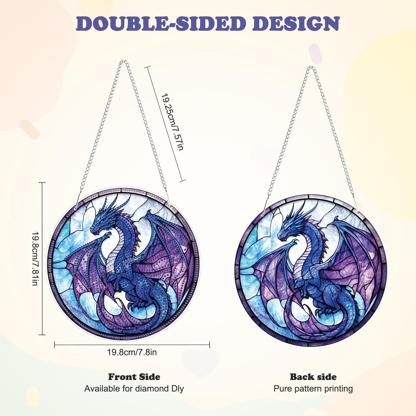 HEIBAGO Dragon Hanging Diamond Art Kits for Adults, Special Shaped Crystal Diamond Painting Ornament Kit, Stained Glass DIY Double-Sided Pattern Gem Art Kit for Home Wall Decor 8.3x8.3inch