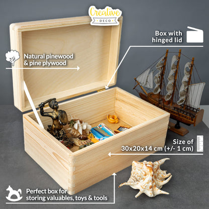 Creative Deco Large Wooden Storage Box with Hinged Lid | 11.8 x 7.87 x 5.51 inches (+-0.5) | Plain Unpainted Unfinished Gift Box for Tool Toy Crafts Jewelry | ROUGH & UNSANDED Wood Keepsake Chest