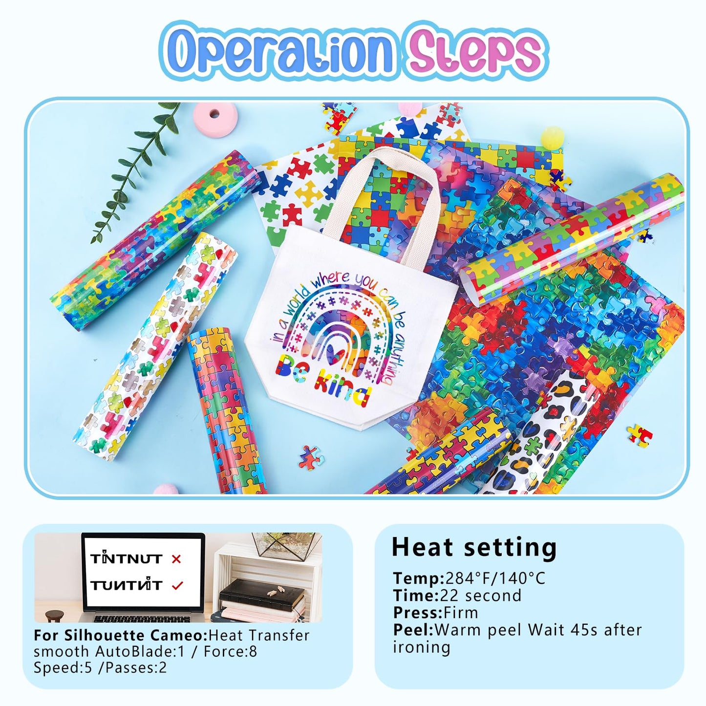 Tintnut Autism Awareness Heat Transfer Vinyl - 10 Sheets 12"x10" Watercolor Puzzle Patterned Craft Cutter HTV Vinyl for DIY T-Shirts, Apparel & Craft Projects, Compatible with All Cutting Machines
