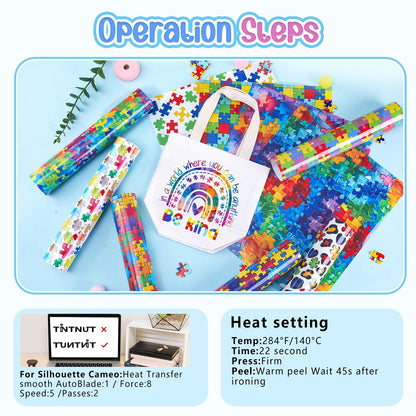 Tintnut Autism Awareness Heat Transfer Vinyl - 10 Sheets 12"x10" Watercolor Puzzle Patterned Craft Cutter HTV Vinyl for DIY T-Shirts, Apparel & Craft Projects, Compatible with All Cutting Machines
