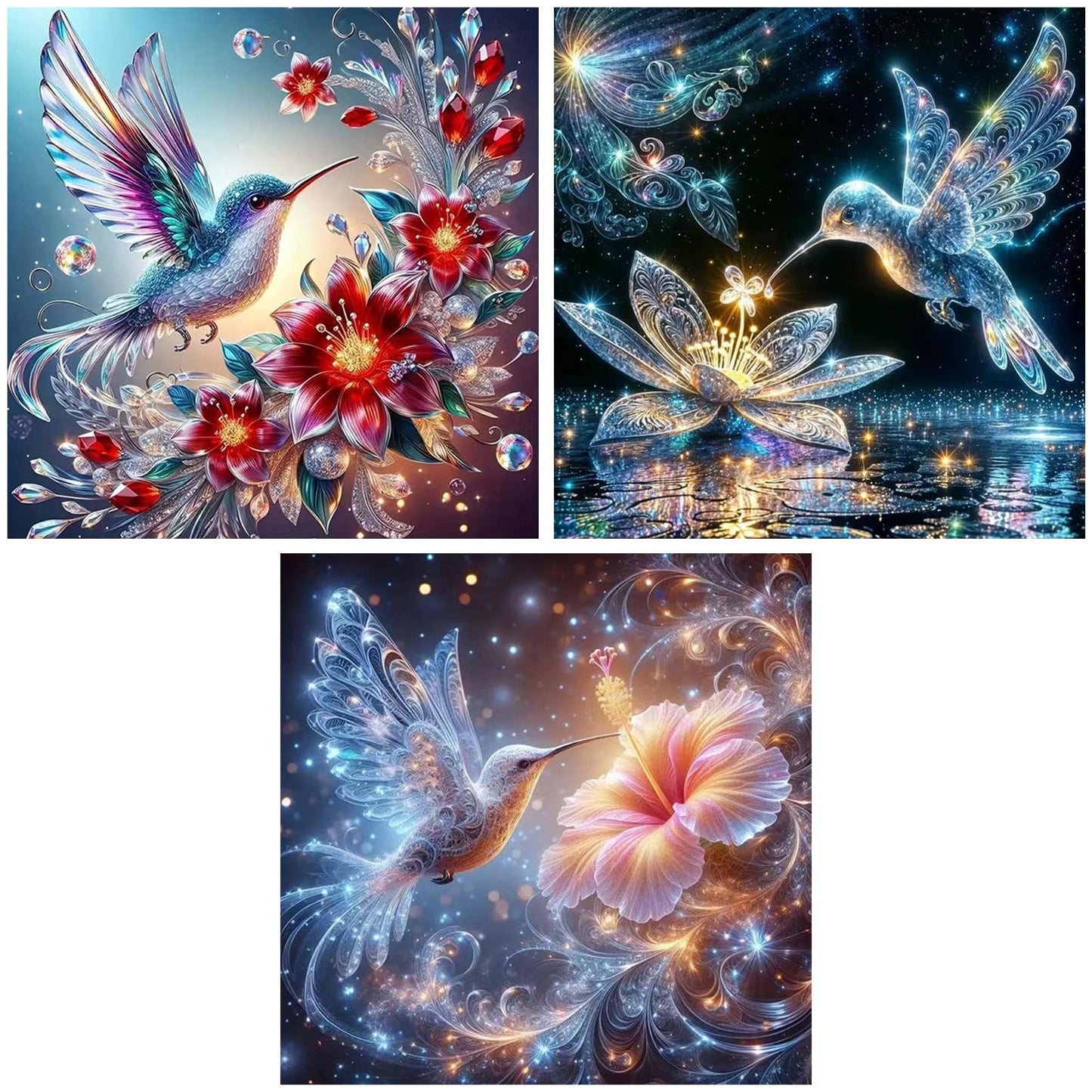 ijbnhd 3 Pack Hummingbird Diamond Art Kits for Adults, Hummingbird Diamond Painting Kits for Beginners, Full Drill Round Crystal Rhinestones Gem Art Home Wall Decor 12 x 12 Inch