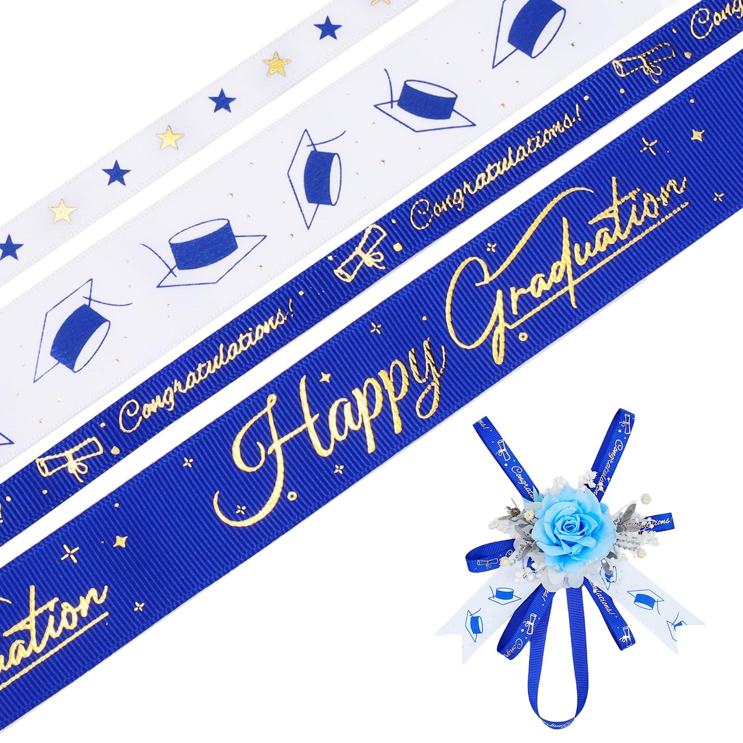 LaRibbons Graduation Ribbon 4 Rolls 1" and 3/8" 20 Yards TTL, Blue and White Gold Congrats Grad Satin Grosgrain Ribbon for Gift Wrapping Class of 2026 Grad Party Lei Making
