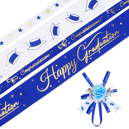 LaRibbons Graduation Ribbon 4 Rolls 1" and 3/8" 20 Yards TTL, Blue and White Gold Congrats Grad Satin Grosgrain Ribbon for Gift Wrapping Class of 2026 Grad Party Lei Making