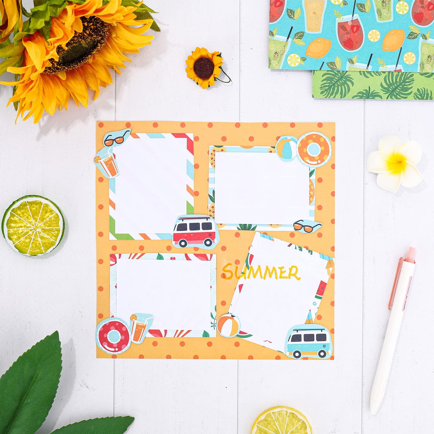 Whaline 24 Sheet Summer Pattern Paper Pack 12 Designs Holiday Scrapbook Specialty Paper Double-Sided Collection Decorative Craft Papers for Summer DIY Card Making Scrapbook Photo Album Decor