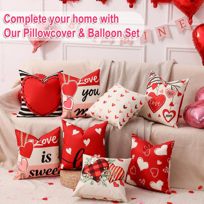 multiwins Valentine Decorations Set of 4 Double-Sided Valentine's Day Throw Pillow Covers 18" x 18", Reversible 8 Designs, with 16 pcs Heart & Love Balloons, Stickers, Complete Valentines Decor Kit