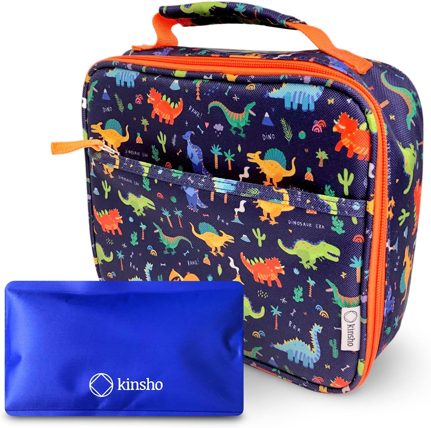 Dinosaur Lunch Box for Boys with Ice Pack, Insulated Bag for Toddlers Kids, BPA Free, Blue Orange Dino