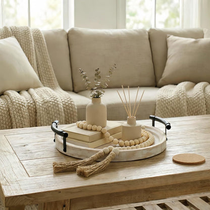 13" Round Decorative Wood Tray with Handles, Whitewashed Farmhouse Coffee Table Decor for Living Room, Entryway