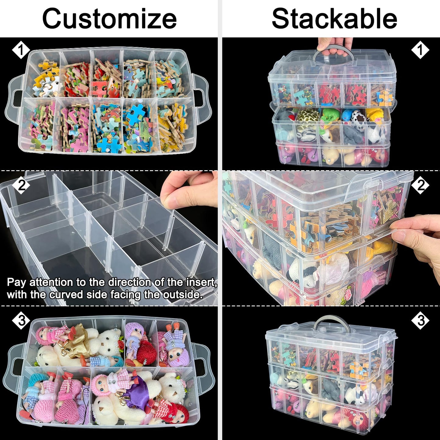 Guyuyii 3-Tier Stackable Bead Organizer with Adjustable Compartments and Carry Handle - BPA-Free Craft Storage Case with Lid for Sewing Supplies, Jewelry, Washi Tape, Embroidery Floss, Lego Pieces
