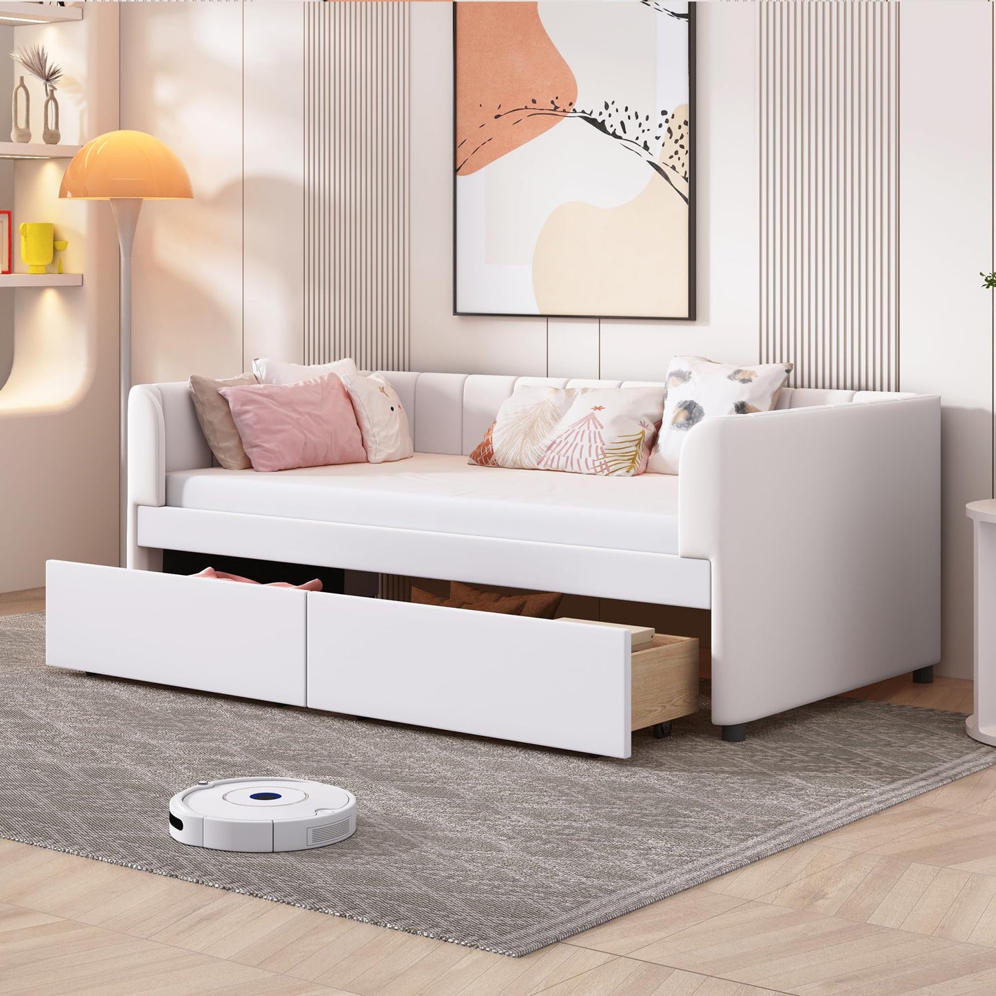 Jintop Twin Size Velvet Daybed with Two Drawers and Stripe Shaped Headboard Design,Upholstered Wooden Storage Bed Frame,w/Ergonomic Design Backrest,for Bedroom,Living Room,Beige