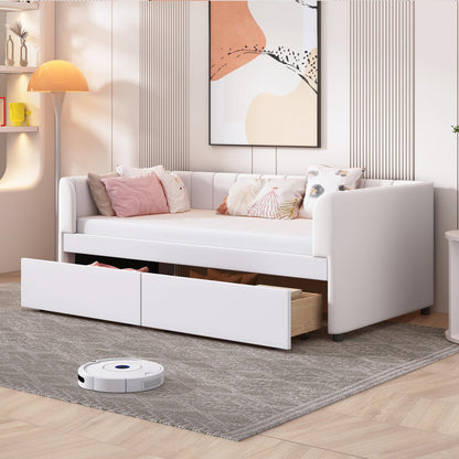 Jintop Twin Size Velvet Daybed with Two Drawers and Stripe Shaped Headboard Design,Upholstered Wooden Storage Bed Frame,w/Ergonomic Design Backrest,for Bedroom,Living Room,Beige