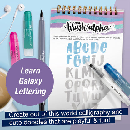 Faber-Castell Learn Galaxy Lettering: 40+ Page Calligraphy Practice Book with Art Crayons, Water Brush & More, Screen-Free Art Gift for Kids, Tweens & Beginners (Ages 8+)